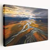 Large stretched canvas depicting a serene New Zealand Canterbury landscape in muted green and blue tones.