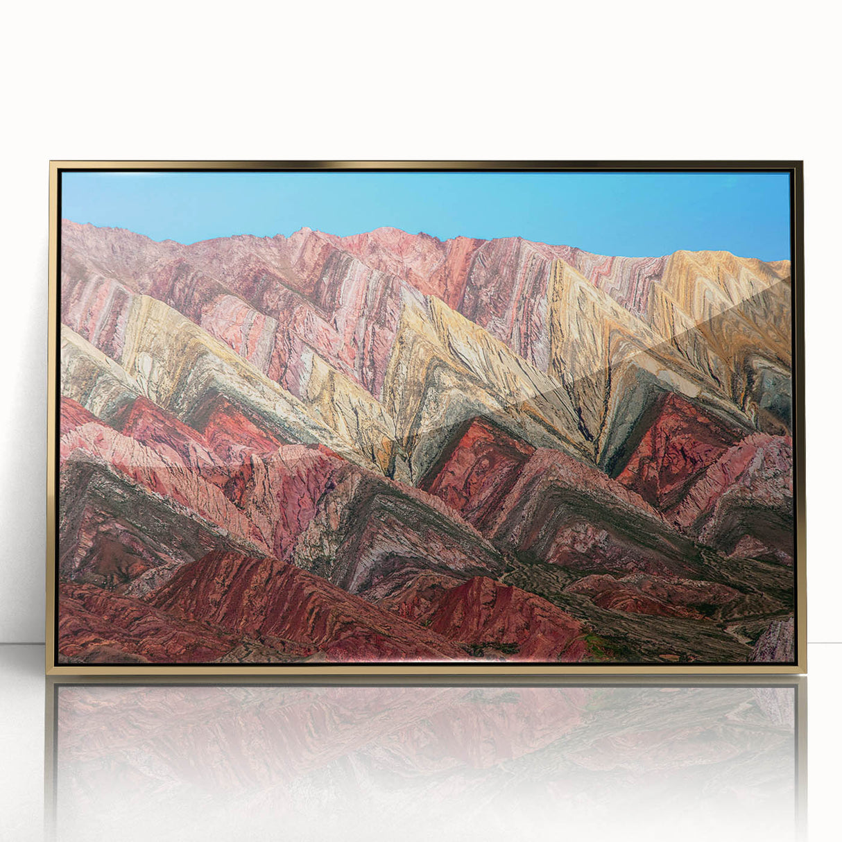 Acrylic print of an Argentine landscape in muted earth tones, framed in gold, suitable for modern art wall decor.