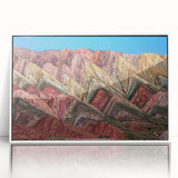 Acrylic print of a serene South American landscape in soft earth tones, framed in white, suitable for modern nursery decor.