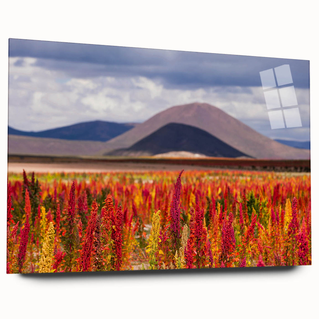 Large abstract wall art of a Bolivian landscape in vibrant colors on acrylic glass, ideal for bedroom or dining room decor.