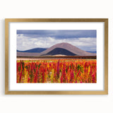 Extra large abstract art print of a textured South American scenery in muted earth tones, framed in gold.