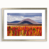 Textured abstract art print of a Bolivian landscape in muted earth tones, framed in silver, suitable for bedroom decor.