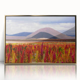 Large art print of a Bolivian landscape in gold frame, featuring mid-century modernist style and muted earth tones.