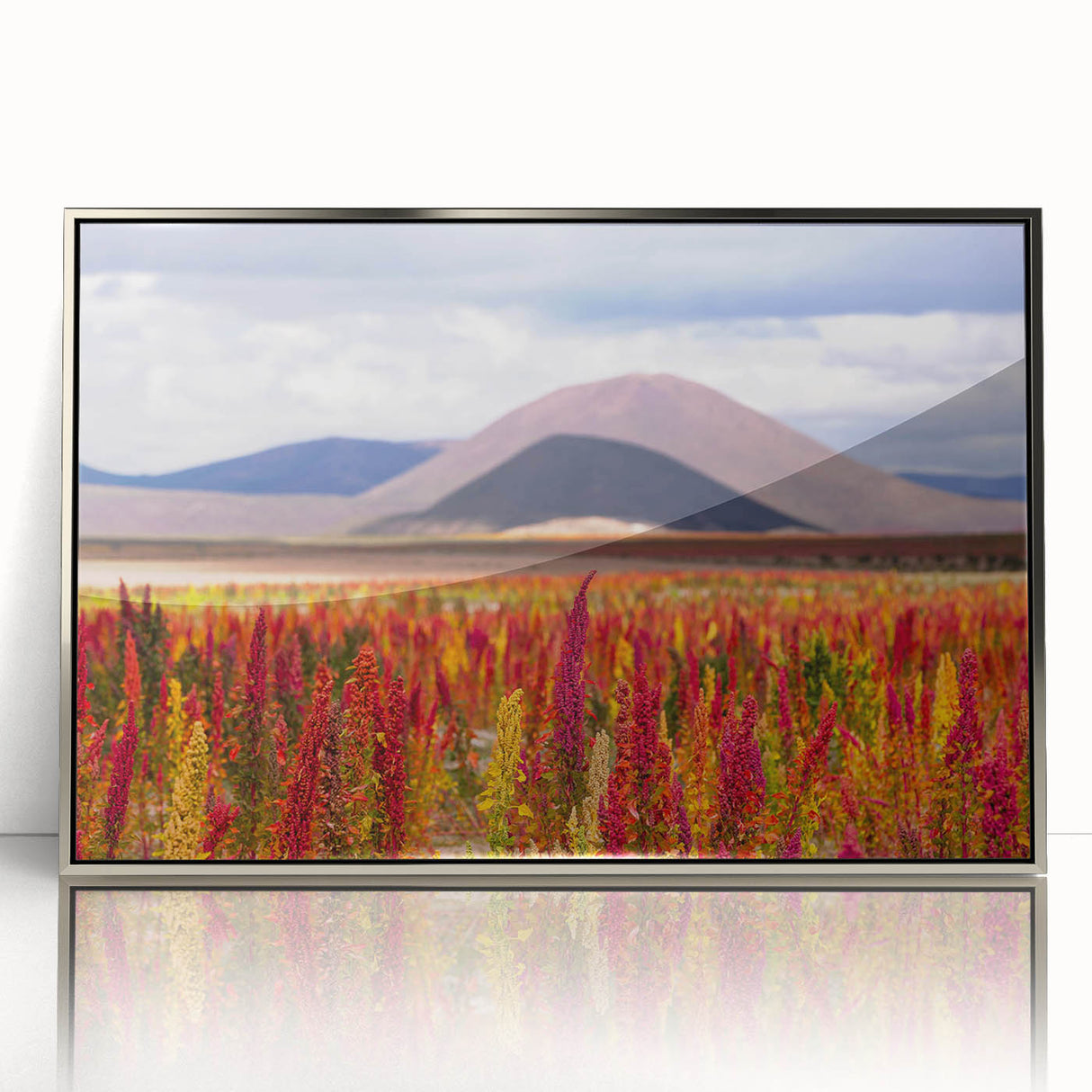 Mid-century modernist art of a Bolivian landscape in muted earth tones on a framed acrylic print.