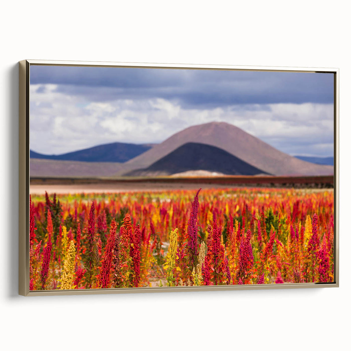 Framed canvas featuring a vintage-style landscape painting of the Bolivian countryside, ideal for bedroom wall art.