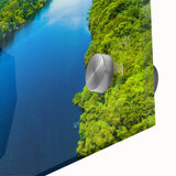 Large abstract wall art depicting a mid-century modernist Brazilian scenery in vibrant colors on acrylic glass.