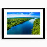 Extra large abstract art print depicting a colorful, textured scene of Brazil, framed in black, ideal for living room decor.