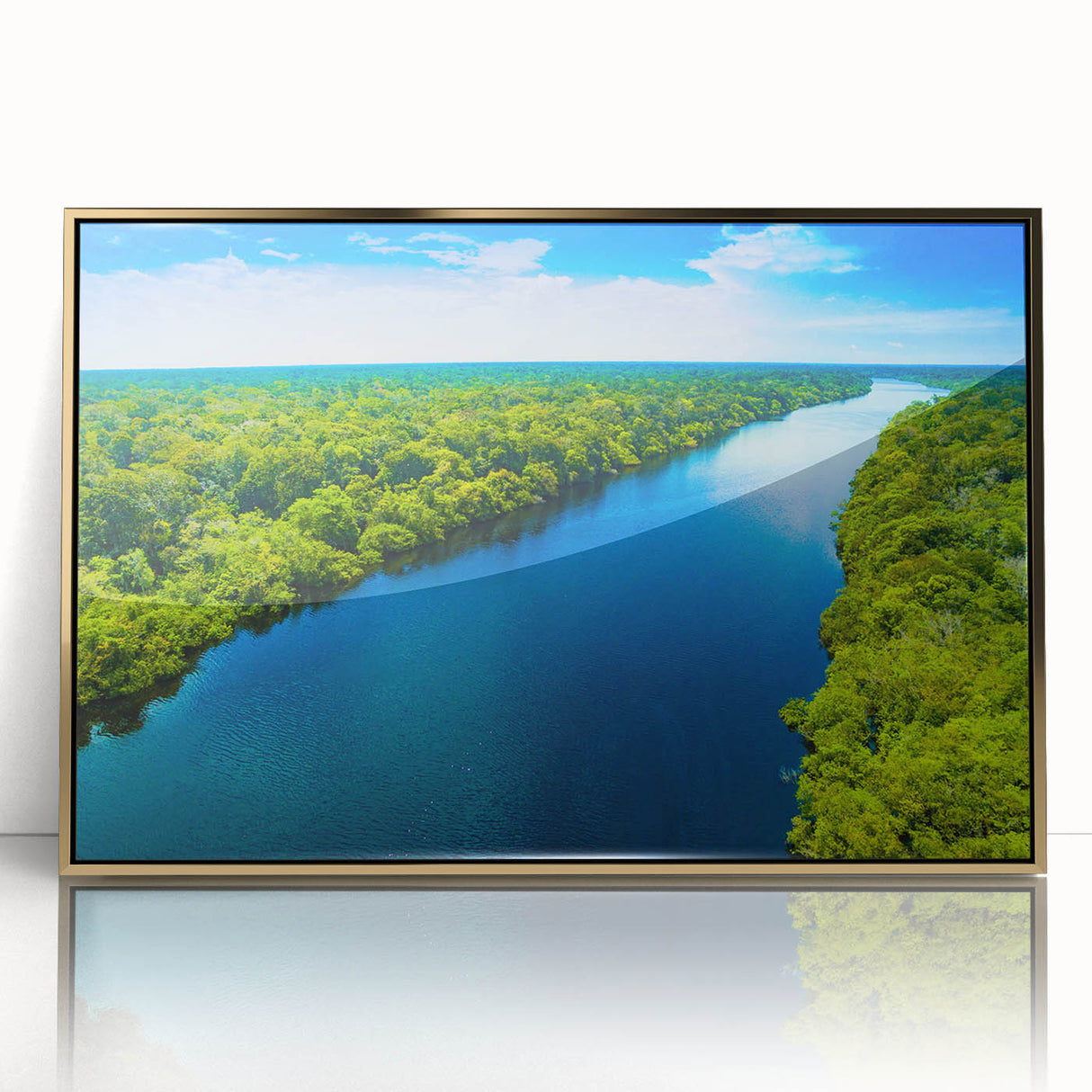 Acrylic print of a Brazilian landscape in muted green and blue tones, framed in gold, ideal for modern art wall decor.