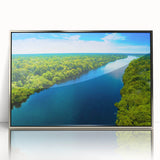 Mid-century modernist art depicting a scenic Brazilian landscape in muted earth tones, framed in silver acrylic.