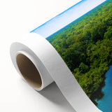 Art deco poster of a Brazilian landscape in soft greens and blues on rolled canvas, suitable for nursery wall art.