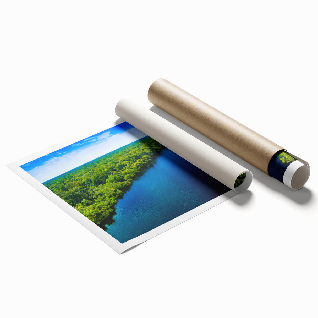 Extra large rolled print of a Brazilian landscape with vibrant green and floral elements, ideal for classy bathroom wall art.