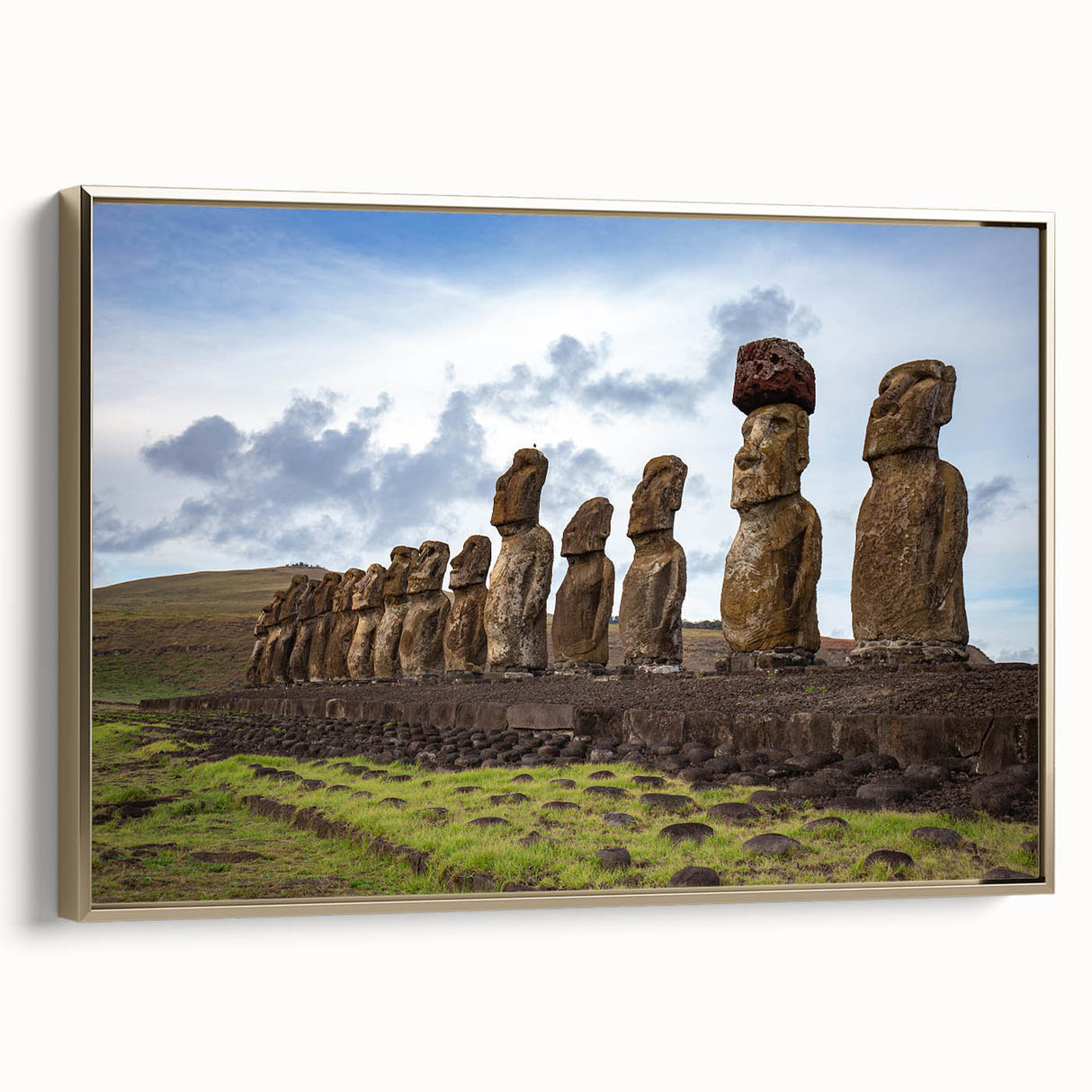 Framed canvas featuring a vintage-style landscape painting of Chilean scenery in black and gold tones.