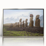 Mid-century modernist art of a Chilean landscape in muted earth tones on a silver-framed acrylic print.