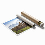 A large rolled canvas print featuring a serene Chilean landscape with muted green and earth tones.