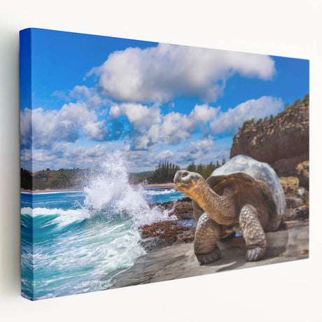Large stretched canvas depicting the Galapagos scenery with vibrant green and blue tones, ideal for kitchen wall art.
