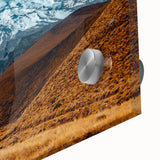 Large abstract wall art featuring a mid-century modernist Ecuadorian landscape in muted earth tones on acrylic glass.