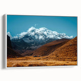 Vintage poster art of an Ecuadorian landscape in vibrant colors on a framed canvas, ideal for living room decor.