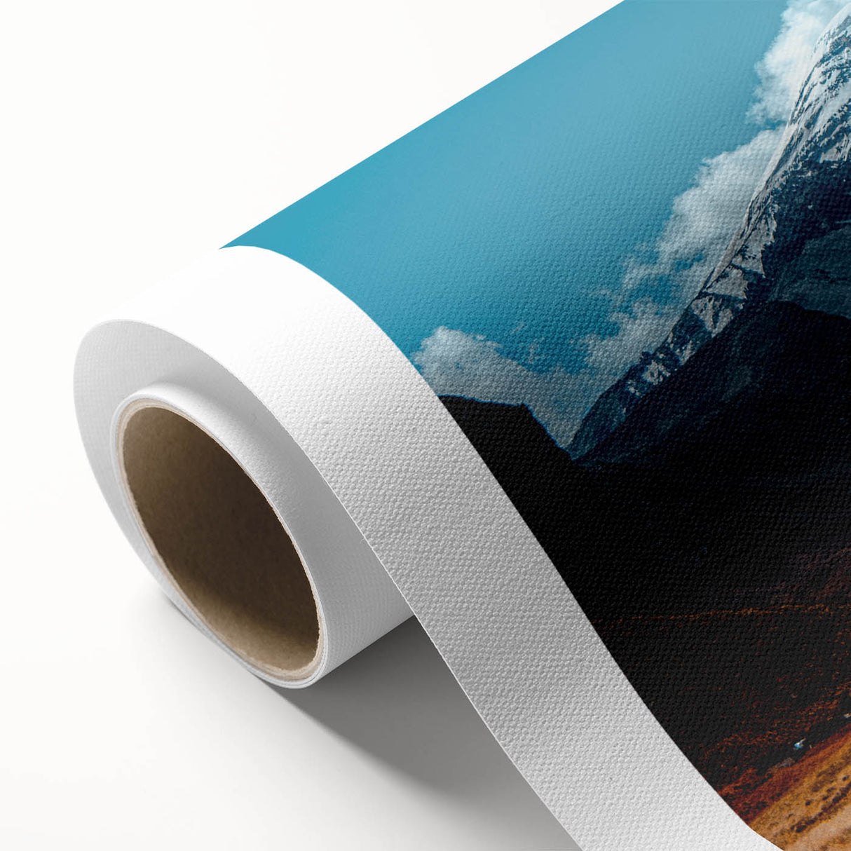 Art deco poster of an Ecuadorian landscape, in pastel blues and greens on rolled canvas, ideal for nursery wall art.