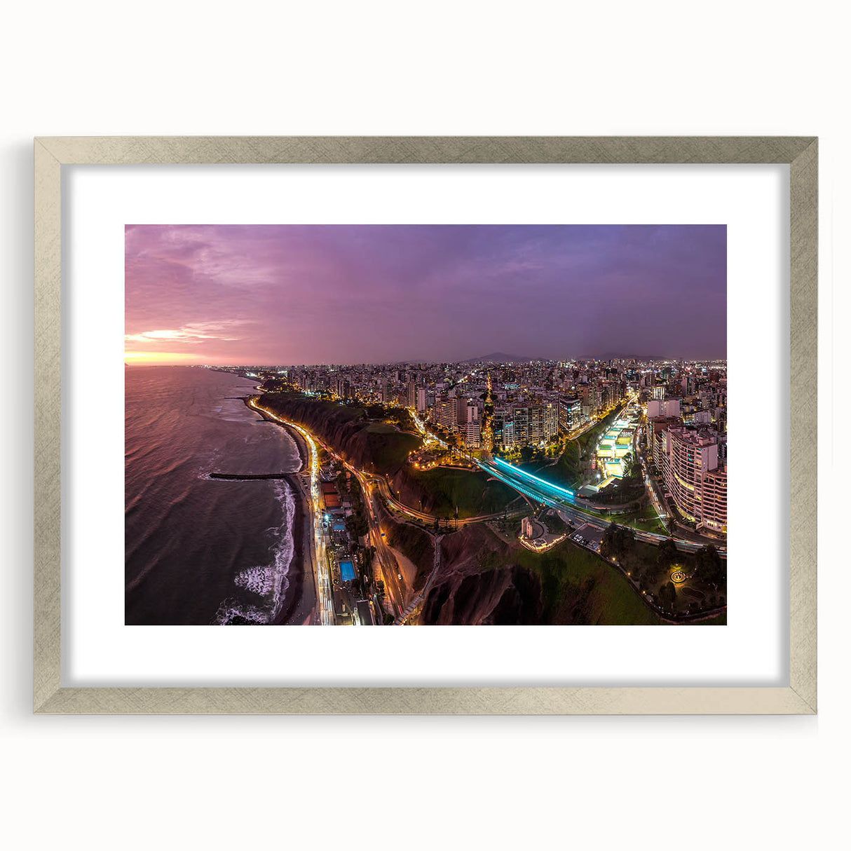 Textured abstract art print of a Peruvian landscape in earthy tones on a framed silver mat, ideal for bedroom art.