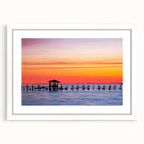 Abstract art print of Alabama scenery in muted earth tones on a white matted frame, suitable for dining room decor.