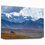 Large abstract depiction of Alaskan scenery in muted blue and gray tones on acrylic glass.