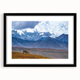 Extra large colorful abstract art print of Alaska scenery in a black frame, ideal for living room decor.
