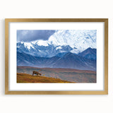 Extra large wall art for living room featuring abstract textured scenery of Alaska in muted earth tones, framed in gold.
