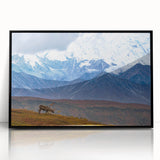 Large abstract wall art depicting Alaskan scenery in muted earth tones on a framed acrylic.