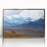 Large art print of an Alaskan landscape in mid-century modernist style on framed acrylic, displaying muted earth tones.