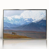 Mid-century modernist Alaskan landscape on a framed acrylic print, with muted earth tones, ideal for nursery wall decor.