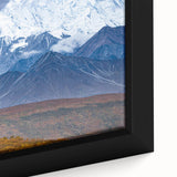 Extra large black wall art of a textured Alaskan scenery on framed canvas, featuring colorful art.