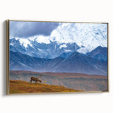 Landscape painting of Alaskan scenery on framed canvas, featuring muted earth tones, ideal for bedroom wall art.