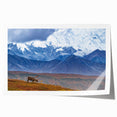 Alaskan landscape rolled print depicting serene lake and mountains in muted earth tones, suitable for art wall dining room.
