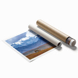 Alaskan landscape with muted green and blue tones on a large rolled canvas, suitable for classy bathroom decor.