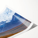 Extra large wall art featuring line art flowers over an Alaskan scenery in muted earth tones.