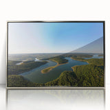 Mid-century modernist art depicting Arkansas scenery in muted earth tones on a silver-framed acrylic print.