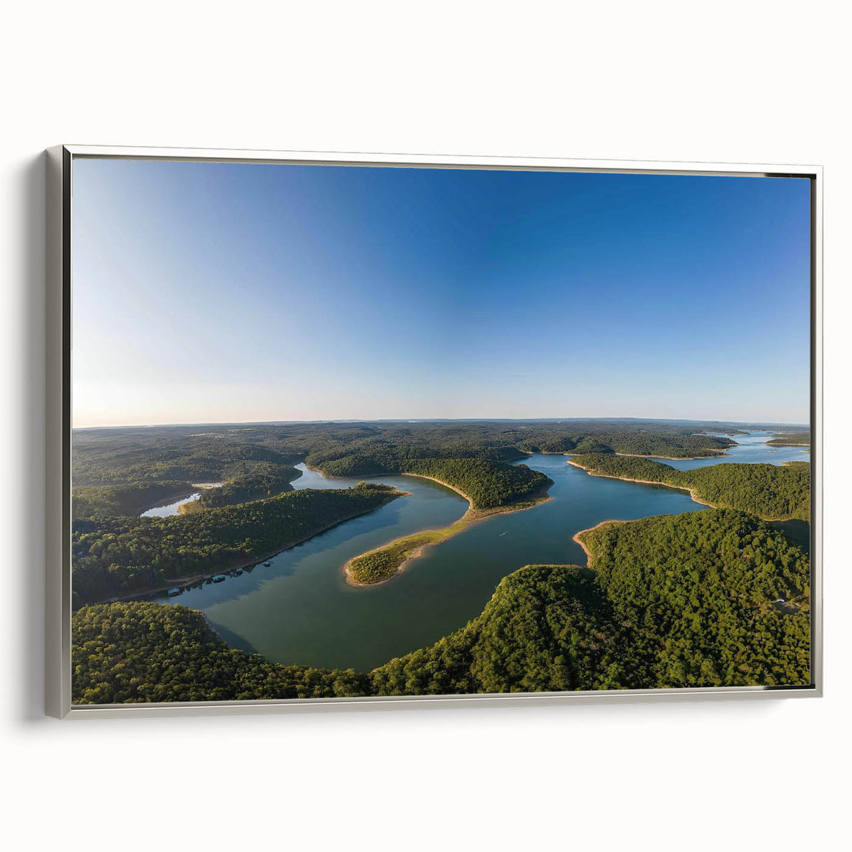 Framed canvas landscape art painting depicting a scenic view of Arkansas with colorful and black vintage poster art elements.