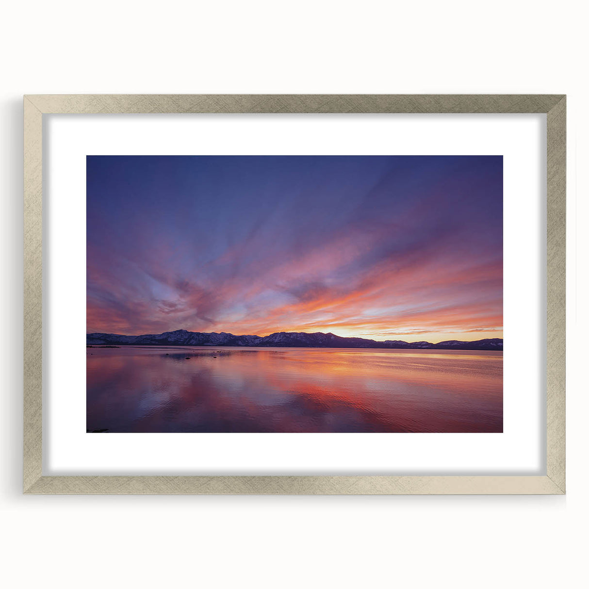 Textured art print of Lake Tahoe in abstract style with a silver frame, featuring cool blue and green tones.