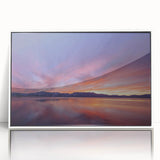 Framed acrylic print of Lake Tahoe with soft blue and white tones, ideal for modern nursery wall art.