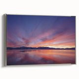 Framed canvas depicting a vintage-style landscape art painting of Lake Tahoe in vibrant, colorful hues.
