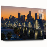 Acrylic print of Los Angeles skyline in muted gray, ideal for bedroom or dining room ambiance.
