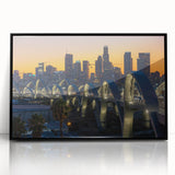 Large abstract wall art depicting Los Angeles in muted earth tones on a framed acrylic, ideal for modern living room decor.