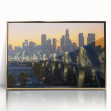Large acrylic print of Los Angeles scenery in mid-century modernist style with gold frame.