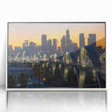 Acrylic print of Los Angeles skyline in art deco style with pastel hues, ideal for modern art wall decor.
