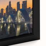 Extra large framed canvas of Los Angeles skyline featuring textured black and colorful art, ideal for living room decor.
