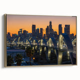 Landscape painting of Los Angeles with muted brown and gold tones on a framed canvas, suitable for bedroom wall art.