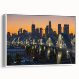 Vintage poster art of Los Angeles skyline in vibrant colors on a framed canvas, ideal for living room decor.