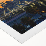 Art deco poster of Los Angeles skyline in muted gray and blue tones on rolled canvas, suitable for dining room wall art.