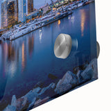 Large abstract wall art of San Diego scenery on acrylic glass in mid-century modernist style, ideal for dining room ambiance.