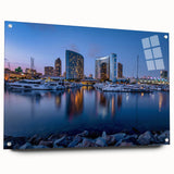 Acrylic print of a large abstract depiction of San Diego's skyline in muted blue and gray.